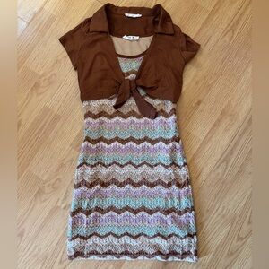 Brown and Multicolor Girl’s Chevron Dress with Bolero